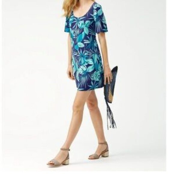 TOMMY BAHAMA Cabana Tambour Flounce Sleeve Dress Blue Green Tropical Medium - Picture 1 of 12